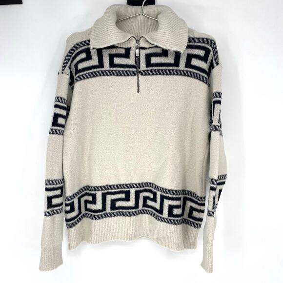 Aqua Sweaters - Aqua Greek Key Quarter Zip Sweater White Navy Oversized Womens Small